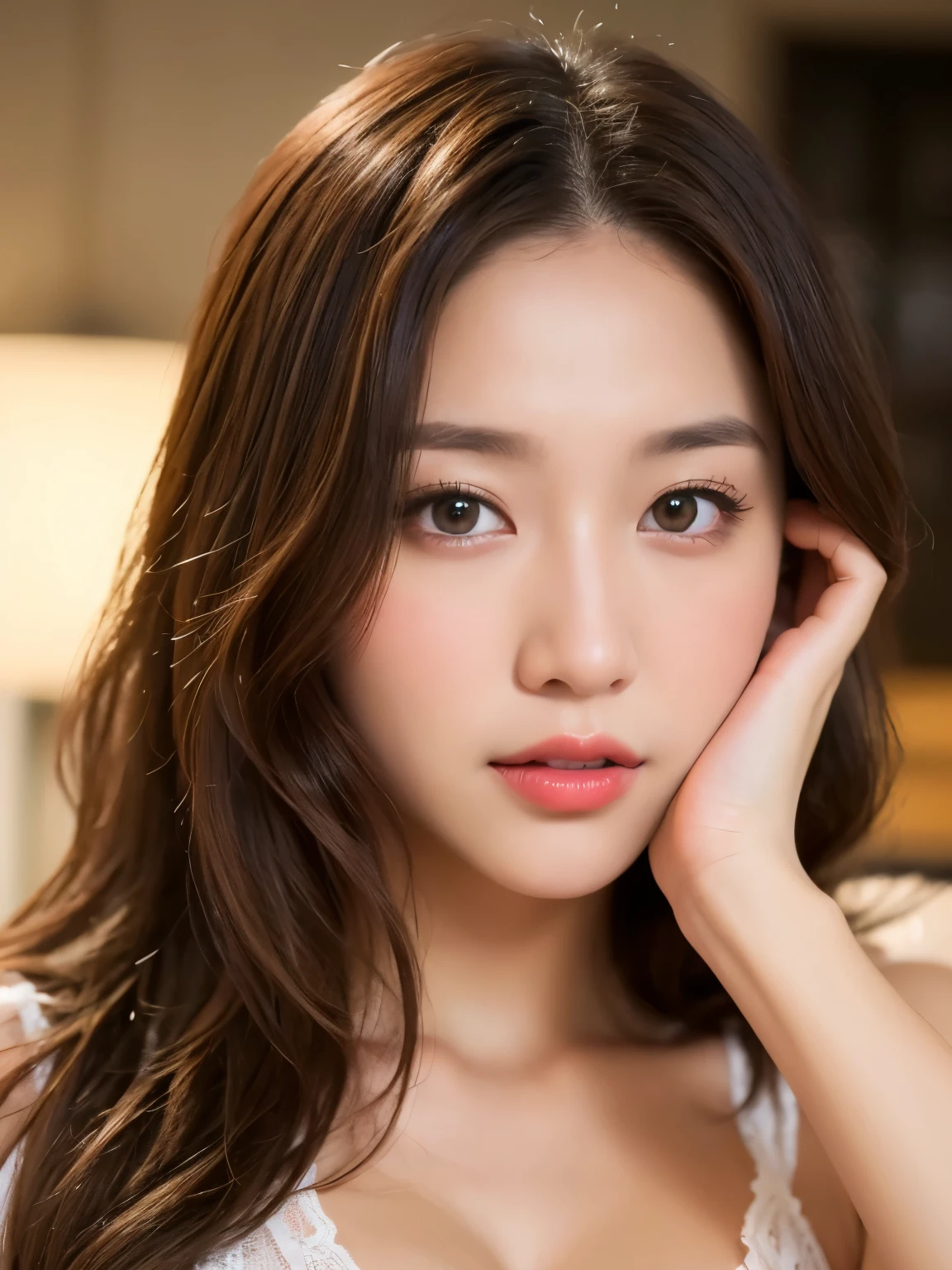 (Photorealistic、Masseter muscle area、Highest quality、High resolution、RAW Photos)、(full body, glamorous body,Perfect Detail)Realistic、Bright lighting、Face Light、Smooth Professional Lighting、pretty girl、Beautiful woman、Modeled、gravure、natural makeup、so beautiful、Realistic and beautiful skin、plum thighs, Beautiful and detailed、Detailed face、Big tits、Cleavage、wavy hair、Brunette colored hair、Brown eyes, cute face, Big eyes, full lower lip, Straight nose, large dark eyes, Smaller chin , looking at the camera、take a picture, Seductive Pose, Sexy lingerie++, want to kiss++