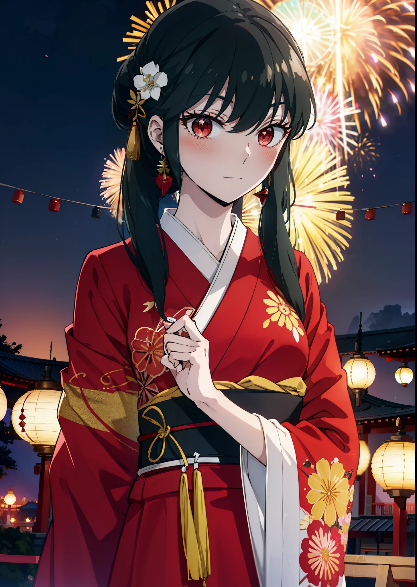 Yorbraia, Yor Briar, Black Hair, (Red eyes:1.5), Earrings, gold hair band, hair band,,smile,blush, Long Hair, Side Lock, (Mid-chest:1.2),Flower Hair Ornaments,black kimono,The place is a fireworks display,Time is night,Japanese Festivals,Summer festival food stalls、Red lantern break outdoors,shrine,
break looking at viewer, whole body,
break (masterpiece:1.2), Highest quality, High resolution, unity 8k wallpaper, (shape:0.8), (Beautiful attention to detail:1.6), Highly detailed face, Perfect lighting, Extremely detailed CG, (Perfect hands, Perfect Anatomy),