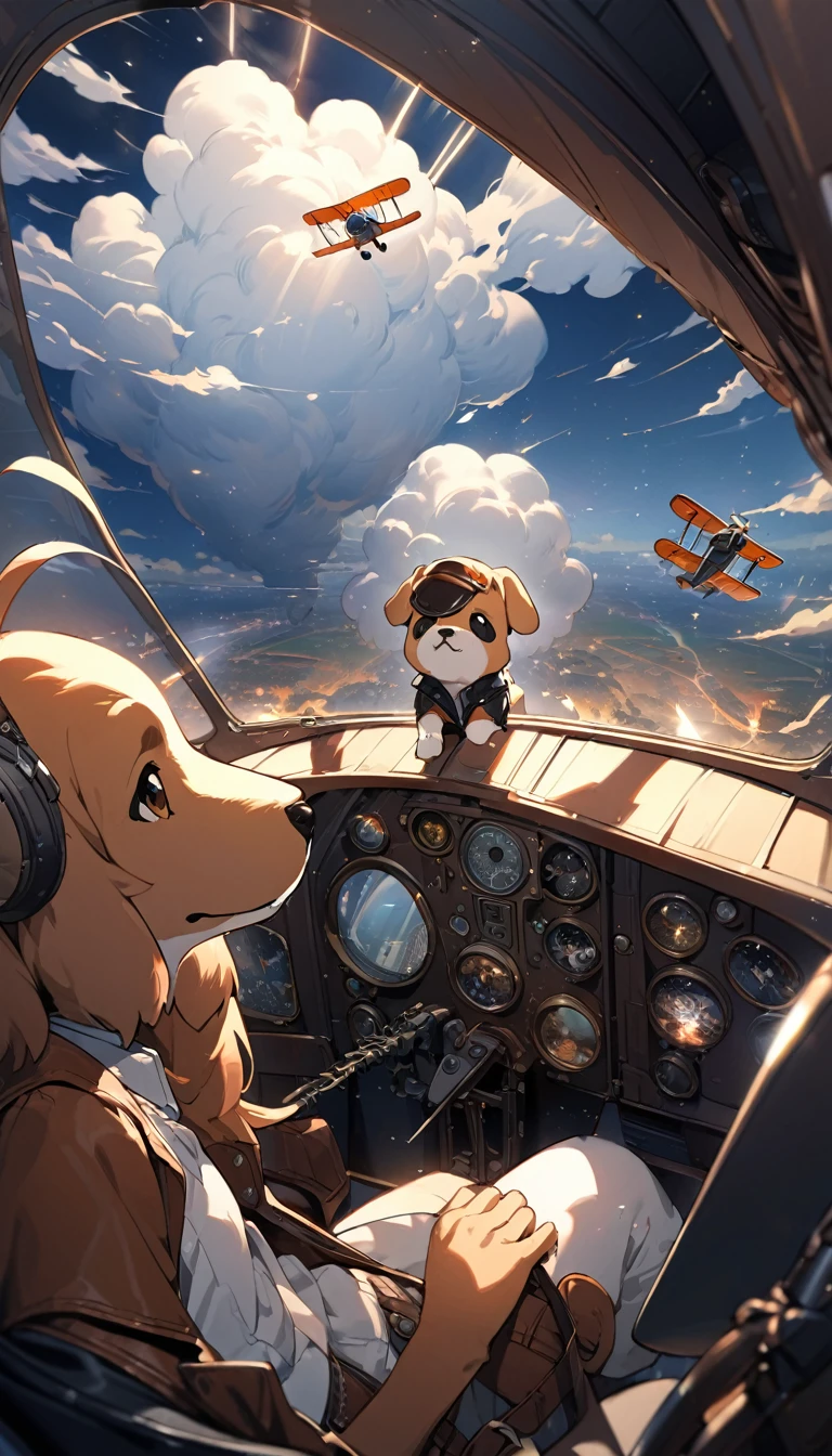 Highest quality, Highest quality, 16K, software, Unbelievably absurd, Very detailed, delicate and dynamic, Natural light, The particles reflect light beautifully, Diffuse reflection of light, Vortex of Light, Aerial, , cumulonimbus, , Create amazing image effects, Studio Ghibli, Body close-up, , (Cute Puppy,,,Serious,, Biplane pilot, Leather jacket,, Sit in the cockpit, Puppy pilots red biplane)