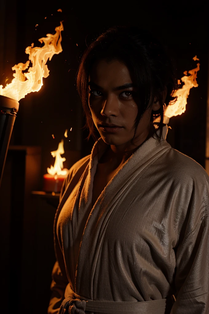 A black-faced, red-eyed demon in a robe burning with blazing flames