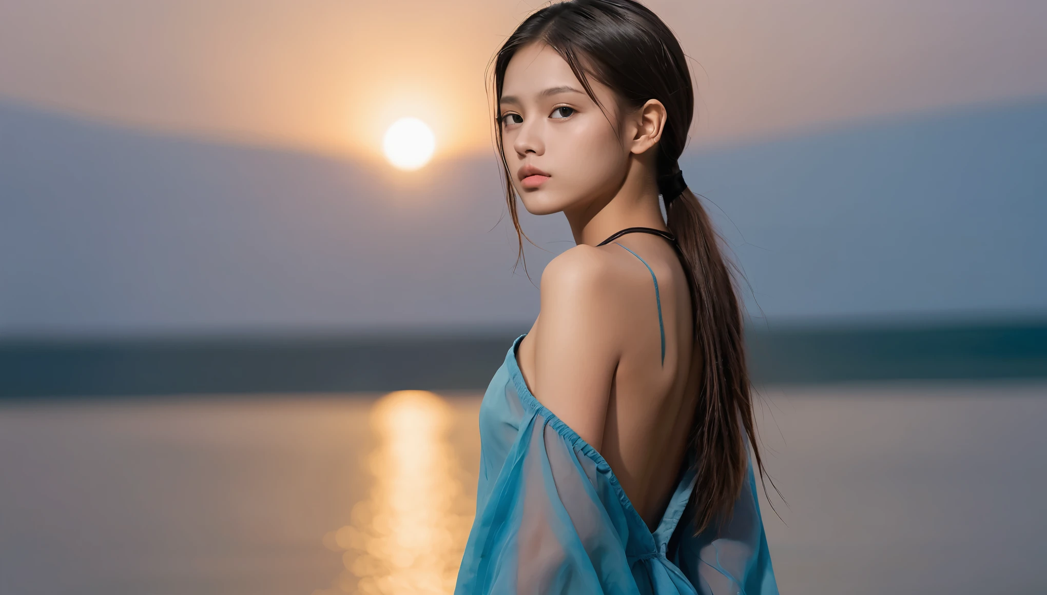 8k, high resolution, masterpiece, ultra-detailed, (ager, 15 Yrely legal, tanned skin), (sheer oversized blouse, plain, short, wide neckline, deep neckline, random color, bikini underneath), (cozy cabana, shiny silky sheets, outdoor), (tropical ressort after a swim, wet), (small breasts, small hips, detailed face, long ponytail hair, tattoos, thin leather collar), at night, full body shot, view from distance, random pose