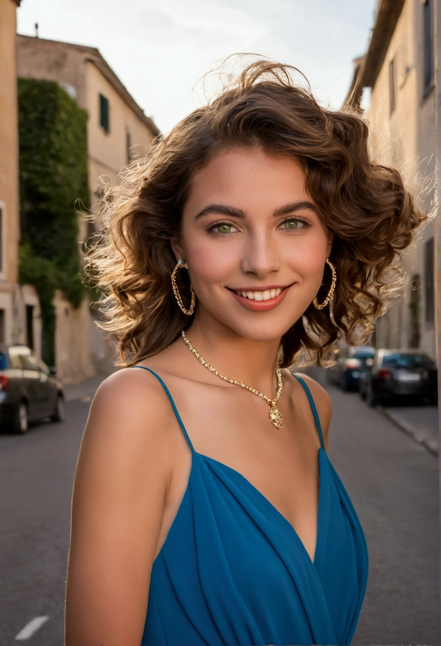 une femme de 22 ans, an elegant appearance. Mes cheveux bruns tombent en longues vagues sur mes épaules et pendent sur les côtés de mes seins, frames my face and emphasizes my green eyes. Mon plein, Red lips form a smile. Mon nez retroussé est couvert de taches de rousseur, which contrasts with my tanned skin. My eyebrows are thick and dark, me donne un regard séduisant. My cheekbones are high and defined, and my eyelashes are long and curved. The 22-year-old Italian model poses in mountains at sunsetHer pose is elegant and relaxed, avec le corps facing the camera, facing the camera. she stands in the middle of the street, There are small colored tubes on either side of her. The model is wearing an elegant blue dress, Ses cheveux sont ouverts et soufflent au vent, and her make-up is light and natural. La photo est loin du modèle, Tir completed, avec la caméra positionnée légèrement plus haut, to emphasize her beauty. The sun gives warm light and there is a romantic atmosphere,she laughs and smiles . elle a l'air heureuse. she has white teeth. Hands are not in the photo
info