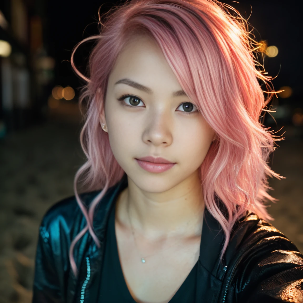 arafed woman with pink hair sitting on the beach, flowing pink hair, with pink hair, photo of a beautiful woman, long flowing pink hair, pink golden hour, curly pink hair, beautiful young asian woman, beautiful asian woman, wild ginger hair, pink wispy hair, light pink hair, a young asian woman, an asian woman, infp young woman, (taking selfies, overhead view: 1.4), (straight half of the torso: 1.4), Portrait photo of a 24-year-old french girl in RAW UHD format (Black-eyed woman) Walk down the dark alley, night city, Details (textures! , Hair! , glistering, Color!! , imperfections: 1.1), highly detailed glossy eyes (looking at the camera), DSLR Lighting, SLR camera, Ultra-Quality, sharpness, Depth of field, Film grain (Downtown), Fujifilm XT3, Crystal clear, Frame Center, beatiful face, sharp-focus, street lamp, neon lighting, bokeh (dimly lit), night time, (night  sky), detailed skin pores, oilly skin, suntan, Complex eye details