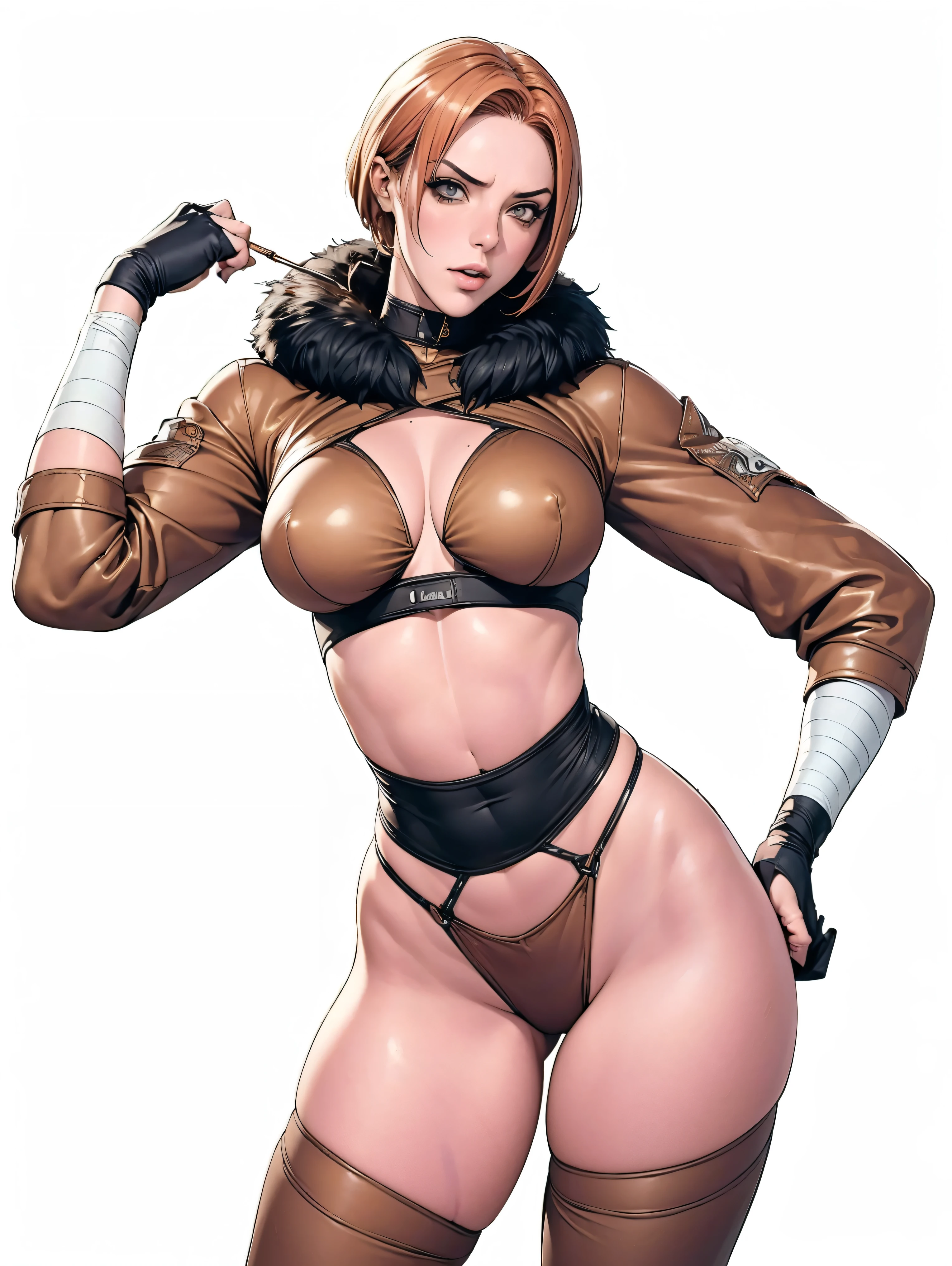 (((Annie Lennox))), (((copper color suit))), (scars), (((bandaged arms))), (((Copper-colored clothes))) ((fur hood)), (((best qualityer: 1.4))), (Unbeatable masterpiece), (hiper HD),(CG 8k hyper-realistic), brave face, (((breasts big))), (((hyper feminine))), sexly girl, black tattoo,(ultra short red hair with white highlights)), ((( sculptural body ))), (((1 Kizi))), Kizi tatuada de 25 anos com perfectbody,,Beautiful and well-groomed face,muscular body:1.2,solid color detailed jacket, (Head to thigh photos), Complex equipment, copper,Tight clothes,With white stars and off-white stripes,,,,,Armor Metal Electronic Parts, Poison tattoos ) INFO, Kizi, (((standing alone))), pirralha violent, 24歳, sexy, pose de atitude, work of art, post-apocalypse, (((manga style))), bounty hunter, the way you want, perfect body, roupa moderna, advanced technology, Pleated mini skirt with checkered pattern in red and black, fur collar jacket, sleeves with vertical striped pattern, neutral background, (( cowboy shot )). intricate visual, narrow waist, (((wide hips))), wide hips, fit thighs, (thigh gap), background shows a futuristic airplane