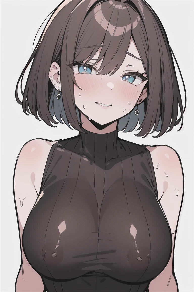 (best quality), (Super detailed), (Best Illustration), (masterpiece), score_9, score_8_up, score_7_up, (4k), ????, (1woman), (?????????), (?????????????), {brown hair, (sideburns), (bob cut:1.3), curly hair, hairs between eyes, colored inner hair}, {(detailed eyes), heart-shaped pupils, blue eyes}, parted lips, seductive smile, nose blush, earring, sweat,