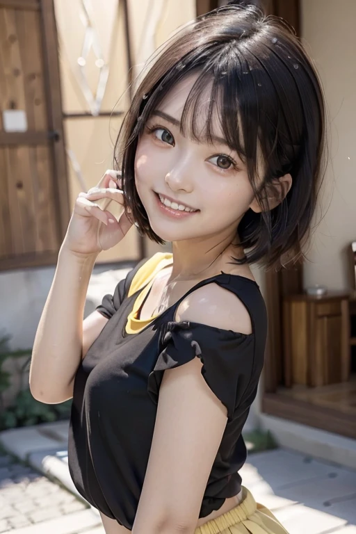 (8k, photorealistic, top quality, high definition, the best masterpiece, raw photo, bright lighting, face light, smooth professional lighting, japan girl, super cute, realistic skin, hydrated skin, perfect model body type, balance carefully, bright laugh showing teeth, childish face, , small breasts, camera gaze, big eyes, symmetrical eyes), upper body Images, upper body close-up, front pose, hair(black hair, short medium hair, black short medium hair), (fashion (black blouse, cute yellow, blue skirt))