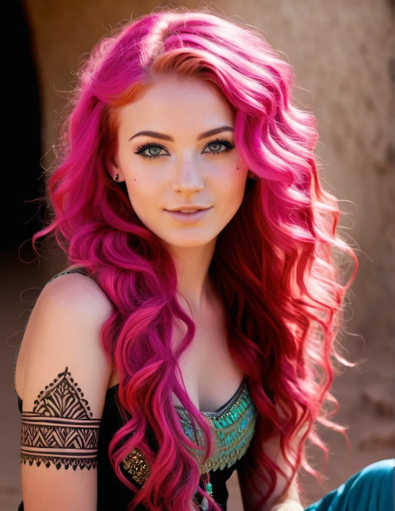Very attractive 25 year old caucasian female with long wavy bright pink hair, with intricate henna tattoo on face, in Tanzania, photo quality