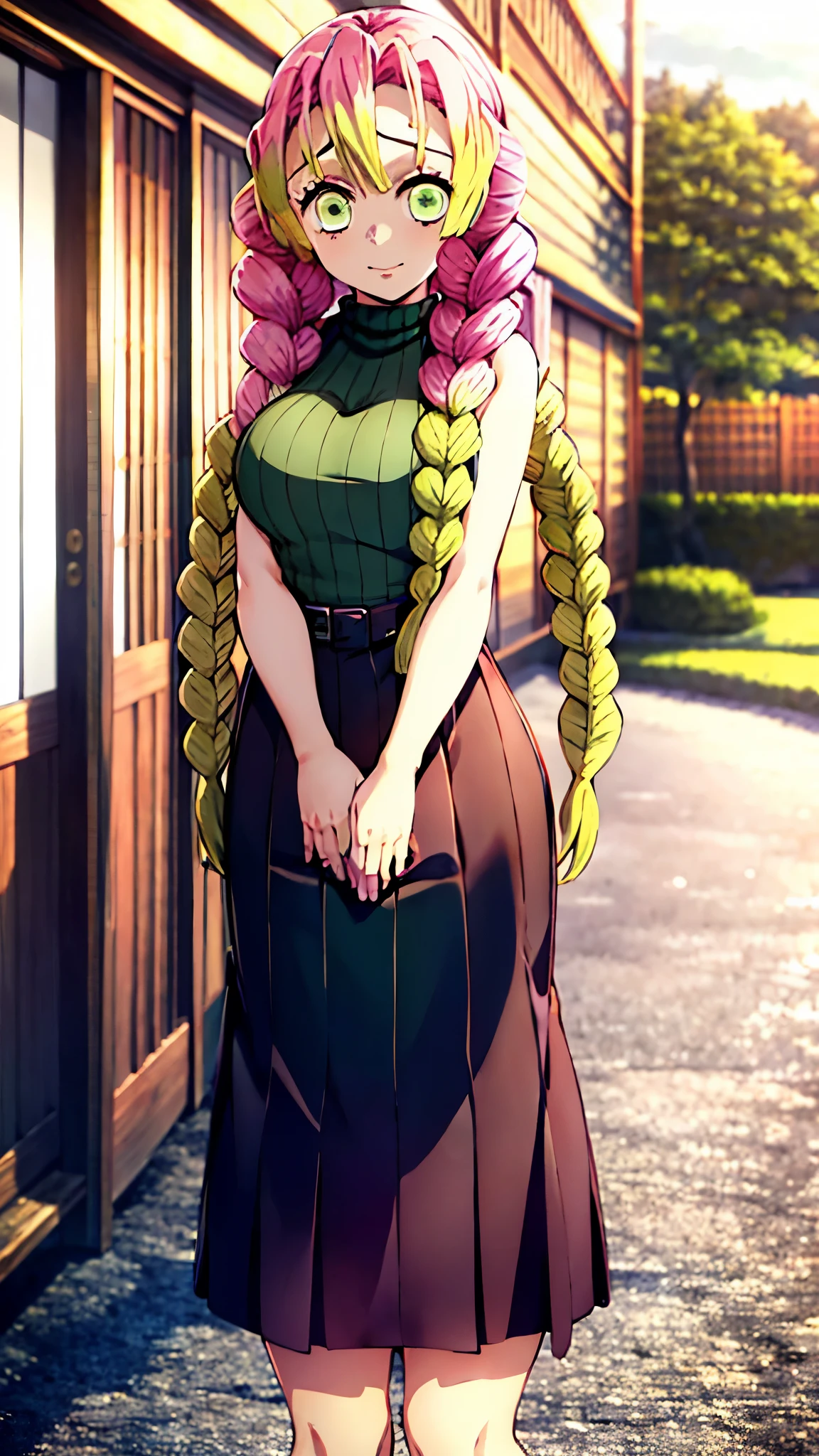 1girl, alone, mitsuri kanroji,masterpiece, best quality, highres, aamitsuri, long hair, braid, multicolored hair, green eyes, mole under eye, large breasts, sweater dress, ribbed sweater, virgin killer sweater, turtleneck, sleeveless, bare arms, outdoors, standing, night, street, perfect hands, perfect anatomy ,(sexual), 1 girl, (gradient hair color), (long hair), seductive expression, sensual face, green eyes, (erotic),