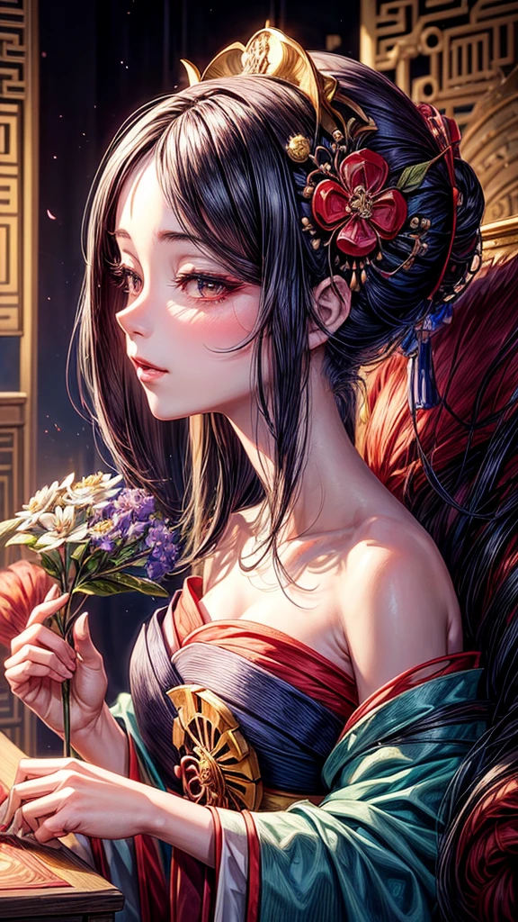Official Art, Unified 8K Wallpapers, Ultra Detailed, Beautiful and Aesthetic, Masterpiece, Best Quality, (Zentangle, Tangle, Entangle), (fractal art: 1.4), 1girl, black hair, Chinese, bare shoulders, short skirt, calf, navel, very detailed, dynamic angle, cowboyshot, (most beautiful form chaos), flowing, (bright colors), oc, (half: 1.2), china, (thangka flying sky: 1.5), (ribbon: 1.3), (dream: 1.5), (hanfu: 1.5), Chinese dragon, Chinese phoenix, (smile: 0.5), (Chinese deity),