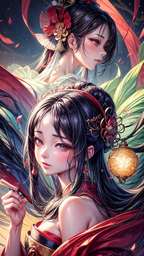 arafed woman with a fan and a flower in her hair, exquisite digital illustration, a beautiful artwork illustration, stunning digital illustration, beautiful digital artwork, inspired by Yun Du-seo, in style of digital illustration, chinese empress, portrait of geisha, a beautiful fantasy empress, beautiful digital illustration, portrait of a beautiful geisha, portrait of a geisha