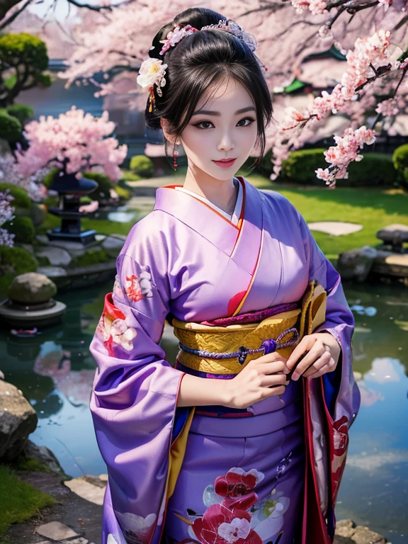 (Highest quality、 8k 、masterpiece、High resolution)、 Japanese painting、Vibrant colors、A woman wearing a kimono、Ample breasts、(Highly detailed face and eyes,Beautiful Face,Beautiful Eyes,Beautiful nose,Pretty lips)、Dynamic painting technique,、Colorful peonies、Japanese garden、cherry blossoms、Detailed Description、Detailed CG、