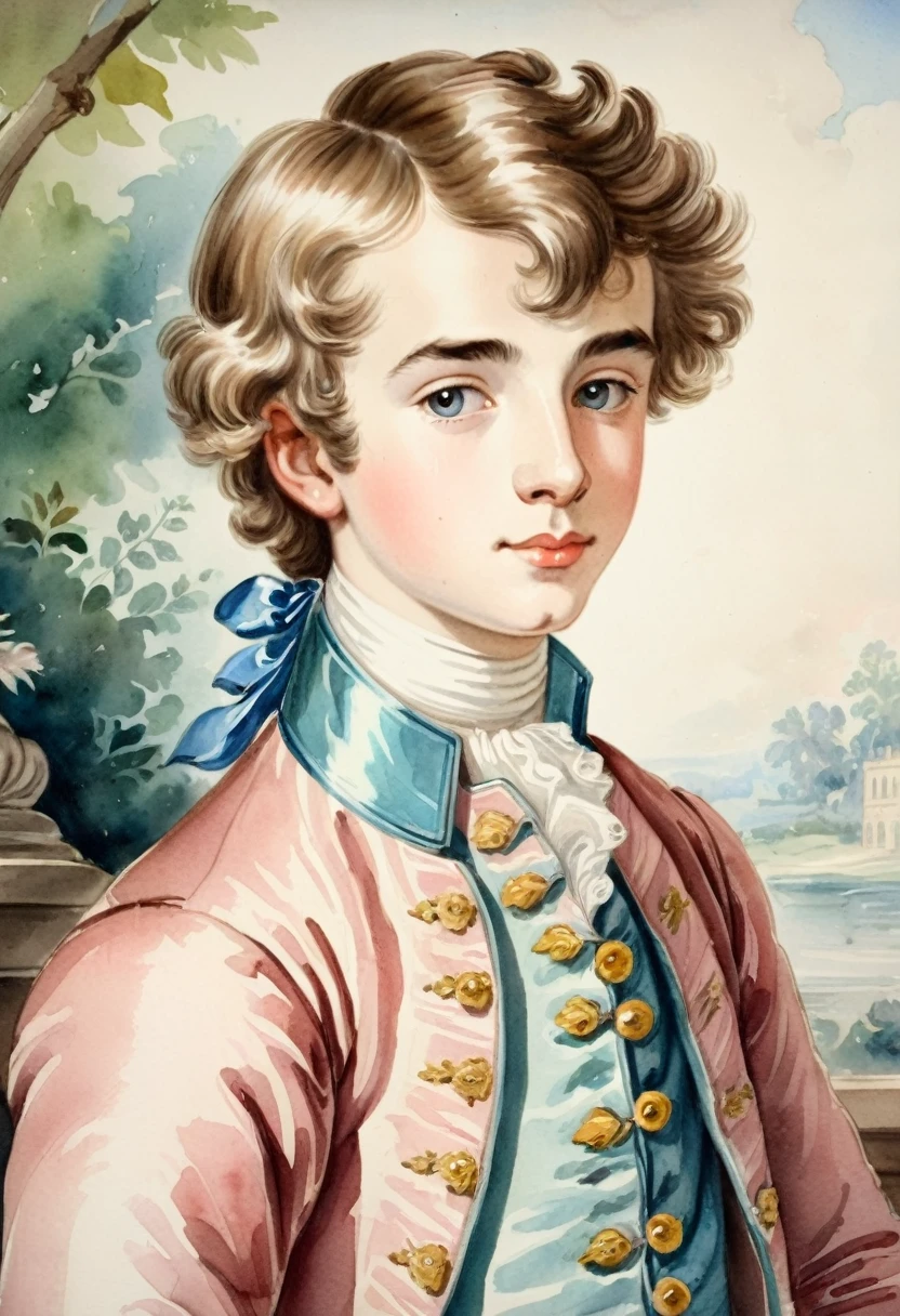 Watercolor, pastel colour,, a handsome boy, 18th century noble