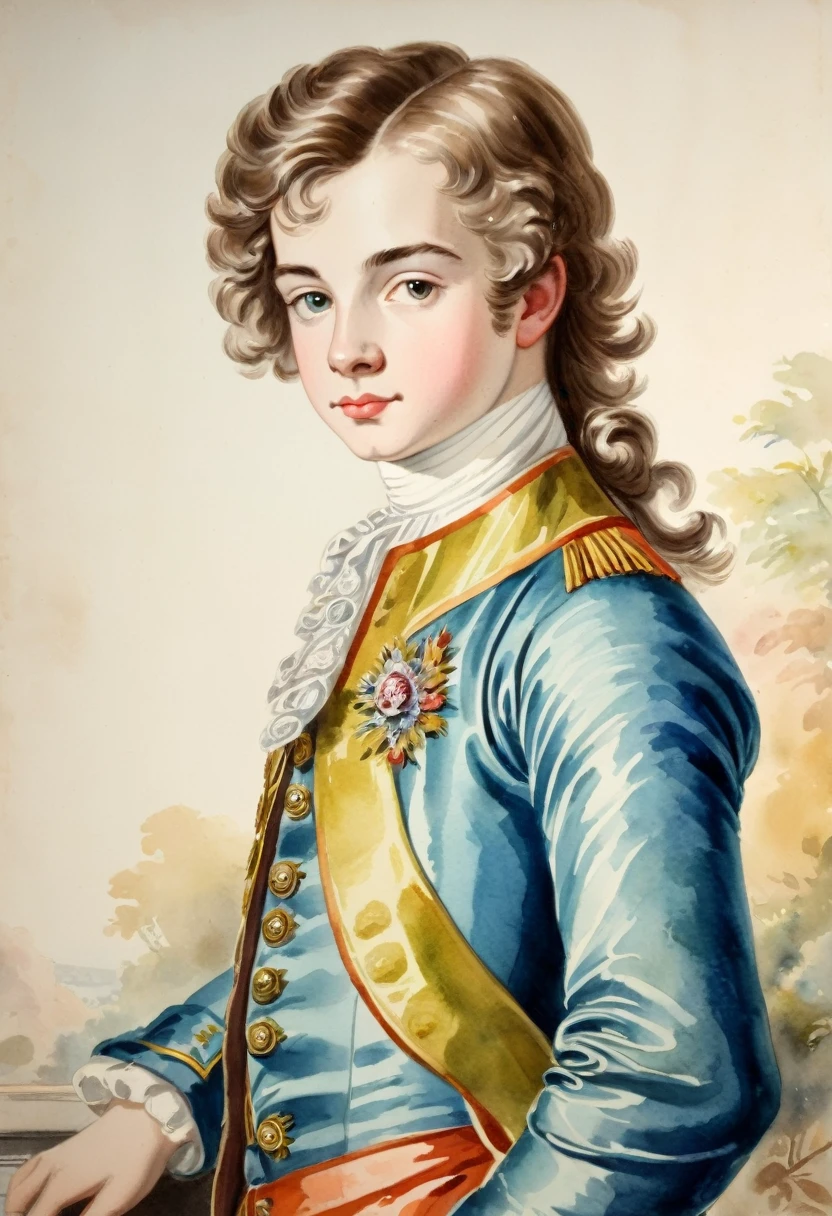 Watercolor, pastel colour,teen, a handsome boy, 18th century noble