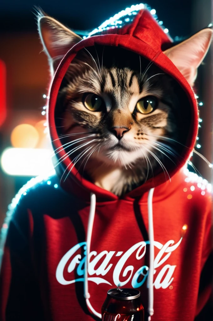 texture cinematic photo long exposure photo of Cat wearing embellished hoodie with coca-cola style . Blurred motion, streaks of light, surreal, dreamy, ghosting effect, highly detailed . 35mm photograph, film, bokeh, professional, 4k, highly detailed top down close-up