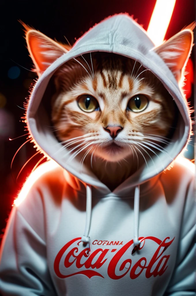 texture cinematic photo long exposure photo of Cat wearing embellished hoodie with coca-cola style . Blurred motion, streaks of light, surreal, dreamy, ghosting effect, highly detailed . 35mm photograph, film, bokeh, professional, 4k, highly detailed top down close-up