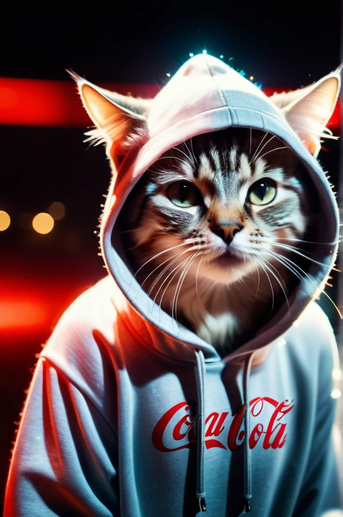 texture cinematic photo long exposure photo of Cat wearing embellished hoodie with coca-cola style . Blurred motion, streaks of light, surreal, dreamy, ghosting effect, highly detailed . 35mm photograph, film, bokeh, professional, 4k, highly detailed top down close-up