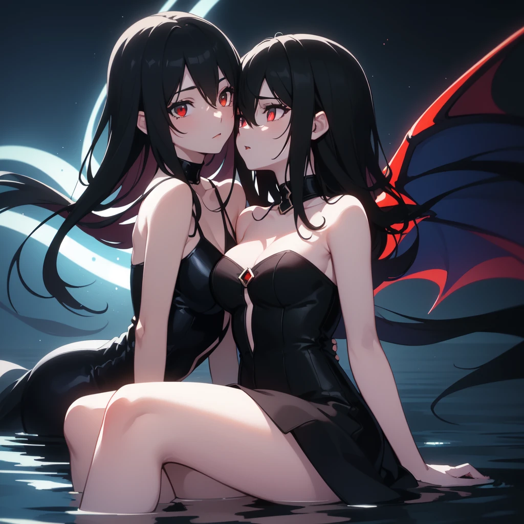 (masterpiece, Best quality, ultra detailed, best shadow), (detailed background, dark fantasy), (beautiful detailed face), high contrast, (Better lighting, very gentle and beautiful), ((cinematic light)), colorful, hyperdetailing, dramatic light, complex parts, (1 girl, Sharp face, hair between eyes, vampire, with black hair, with red eyes, black dress, bare shoulders, bright eyes, (sitting on the water), Dynamic angle), (swirling black light around the character:1.5), depth of field, Black light particles, (side view), (dark water), (поза Jack-O)