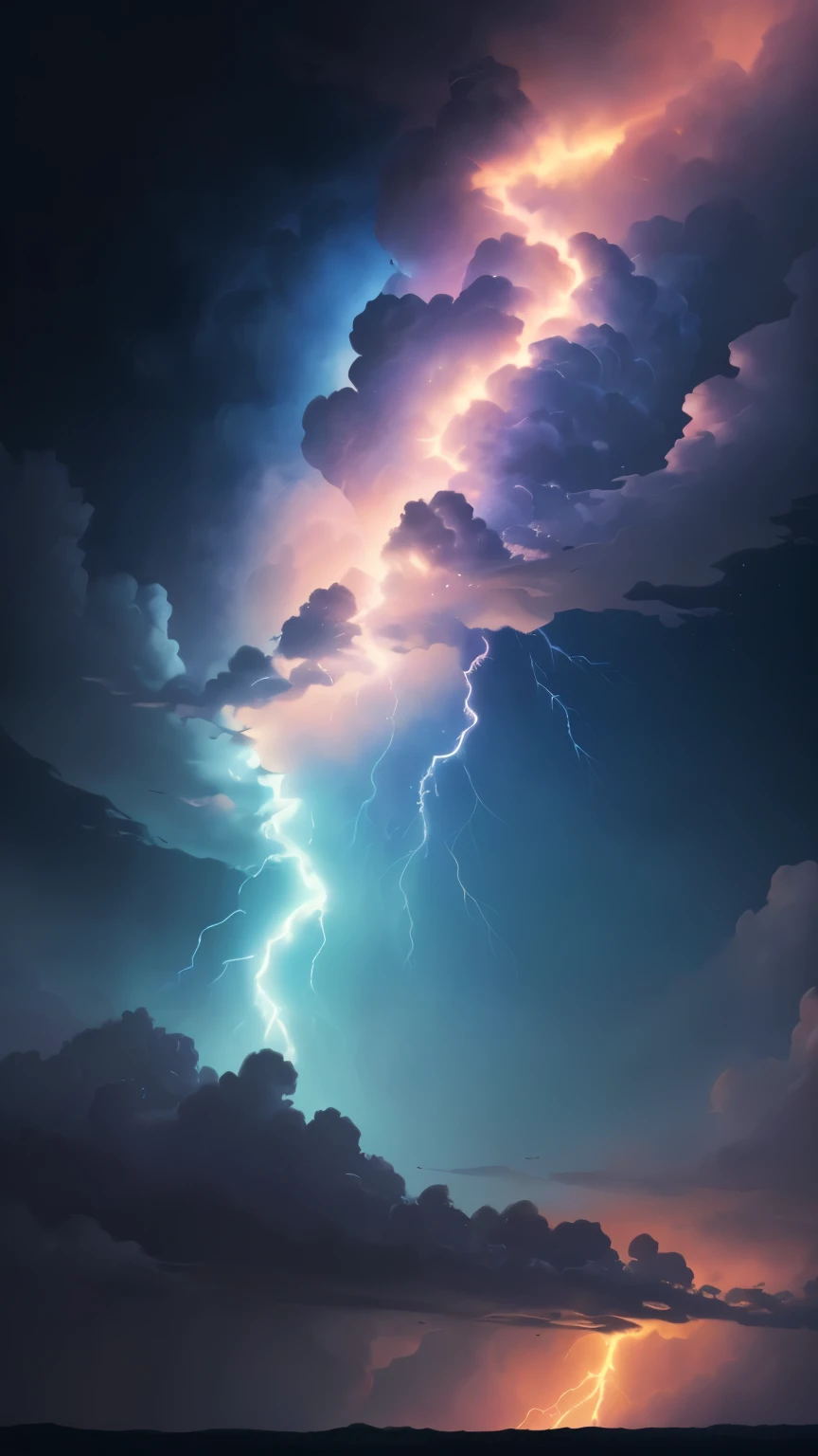 ((best quality)), ((masterpiece)), (detailed), A digital illustration of a rainbow lightning in a dark blue sky with small birds flying in the background