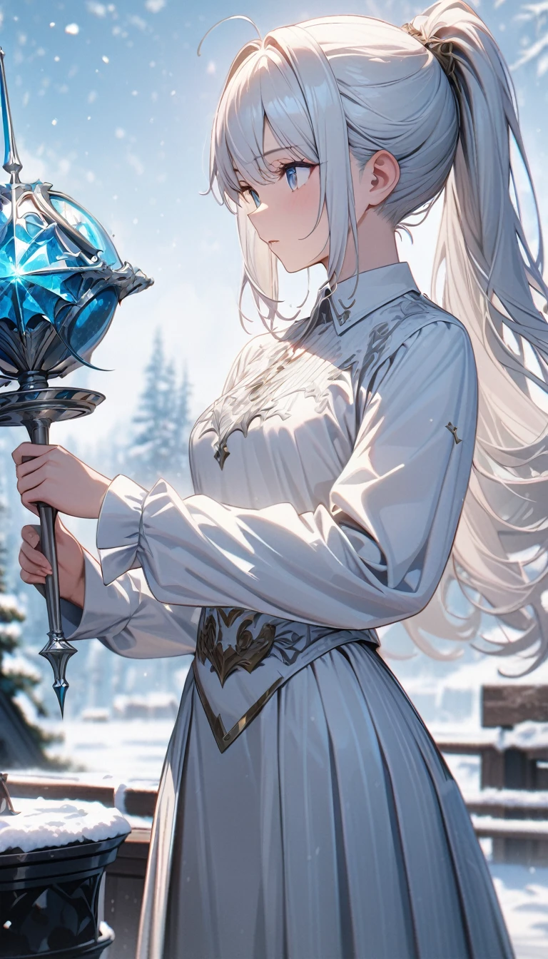 Young girl, long white hair, high ponytail, blur eyes, white aristocrat shirt, long sleeves, white skirt, blue elements, Weiss Shnee, snow emblem, rapier, Masterpiece, best quality, Full HD, 8k, ultra details, great graphic