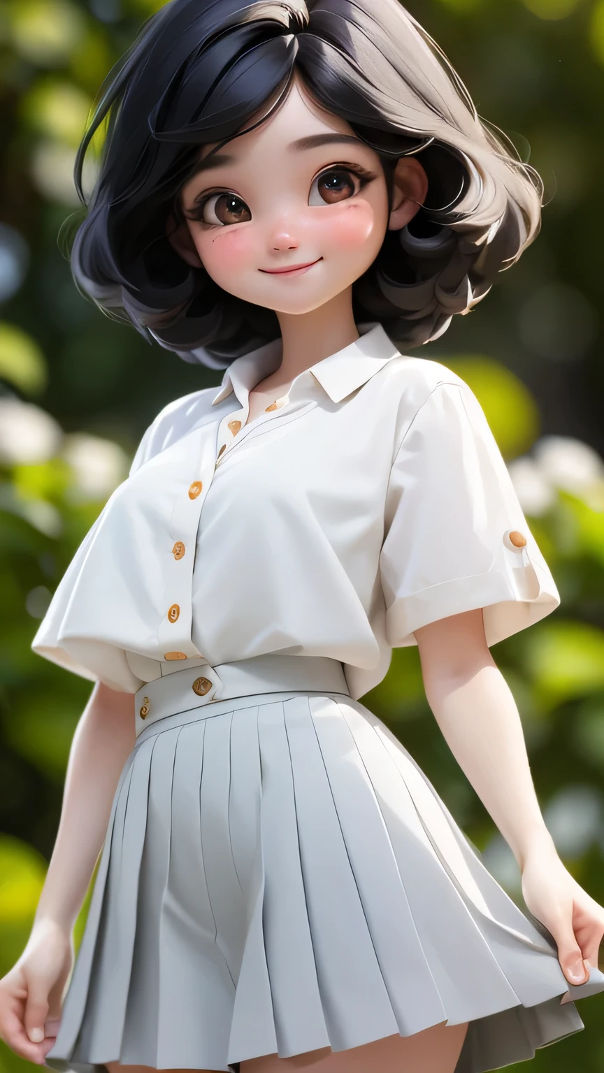 masterpiece, Highest quality, 8k, Official Art, Cinematic Light, Ultra-high resolution, One girl, 30 years old, black hair, short hair, cute, kawaii, droopy eyes, round face, full-body view, summer, high-school, daytime, outdoor, blurred background, vibrant colors, realism, depth, high detail, smooth textures, smiling, (standing, full body), slouching, camera gaze, emphasize round face, high school student, 　 
 (white blouse, short sleeves, gray pleated skirt),
