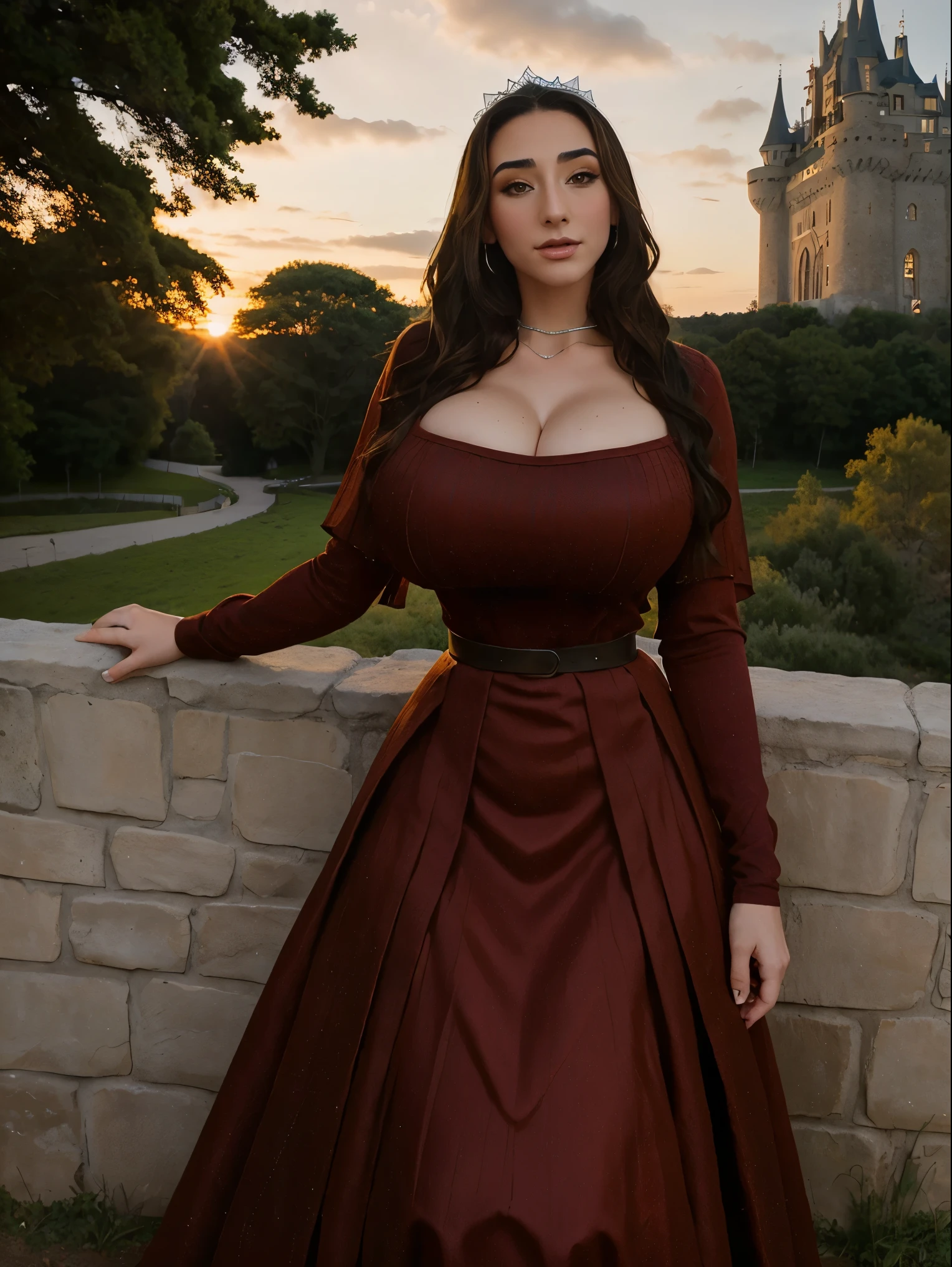 Gorgeous and sultry busty athletic (thin) brunette queen with sharp facial features wearing a modest updo, dark red medieval dress, long sleeves, intricate patterns, scrollwork, wide neck, crown, veil, long dress, modest dress, tight bodice, silver belt, (waist chain), medieval jewelry, Middle Ages, castle, rampart, wall, exterior, on top of a castle wall, trees, countryside, evening, sunset. large breasts.