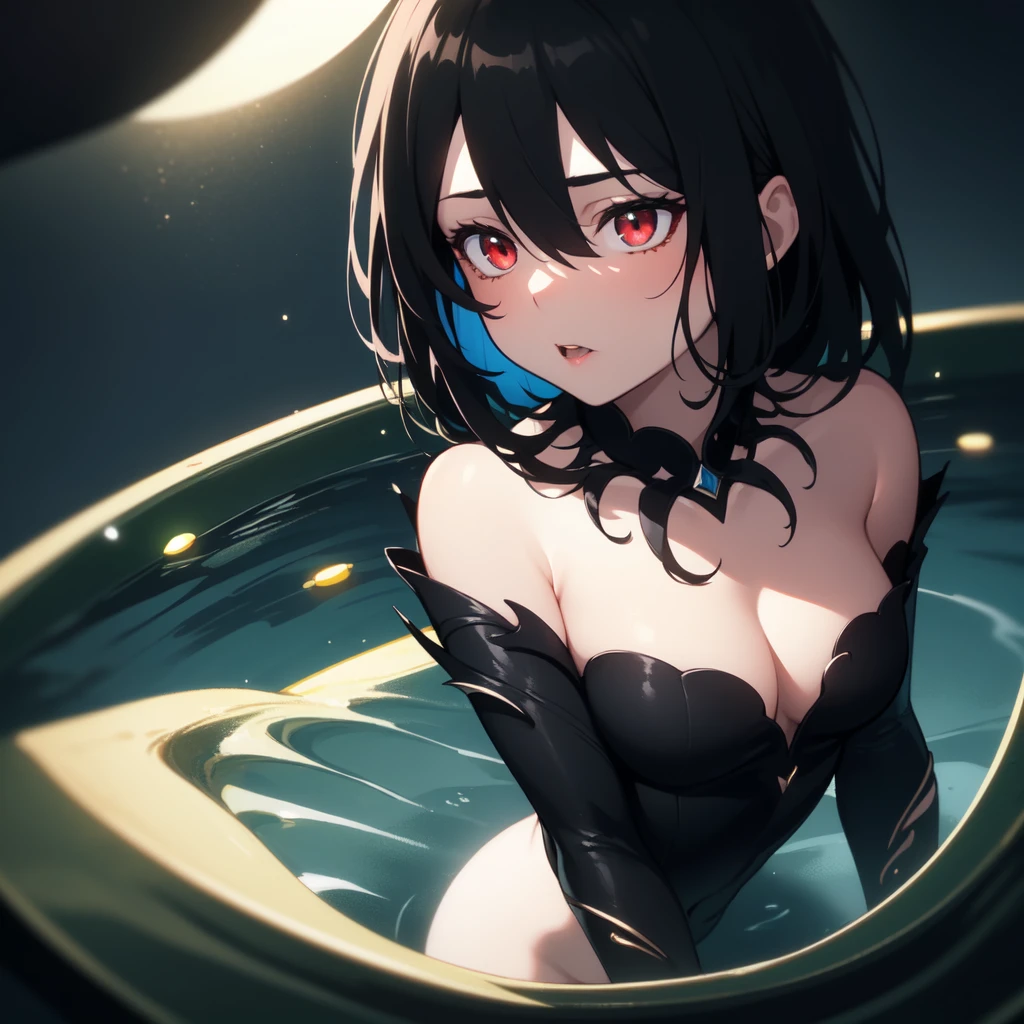 (masterpiece, Best quality, ultra detailed, best shadow), (detailed background, dark fantasy), (beautiful detailed face), high contrast, (Better lighting, very gentle and beautiful), ((cinematic light)), colorful, hyperdetailing, dramatic light, complex parts, (1 girl, Sharp face, hair between eyes, vampire, with black hair, with red eyes, black dress, bare shoulders, bright eyes, Dynamic angle), (swirling black light around the character:1.5), depth of field, Black light particles, (side view), (dark water), (поза Jack-O)