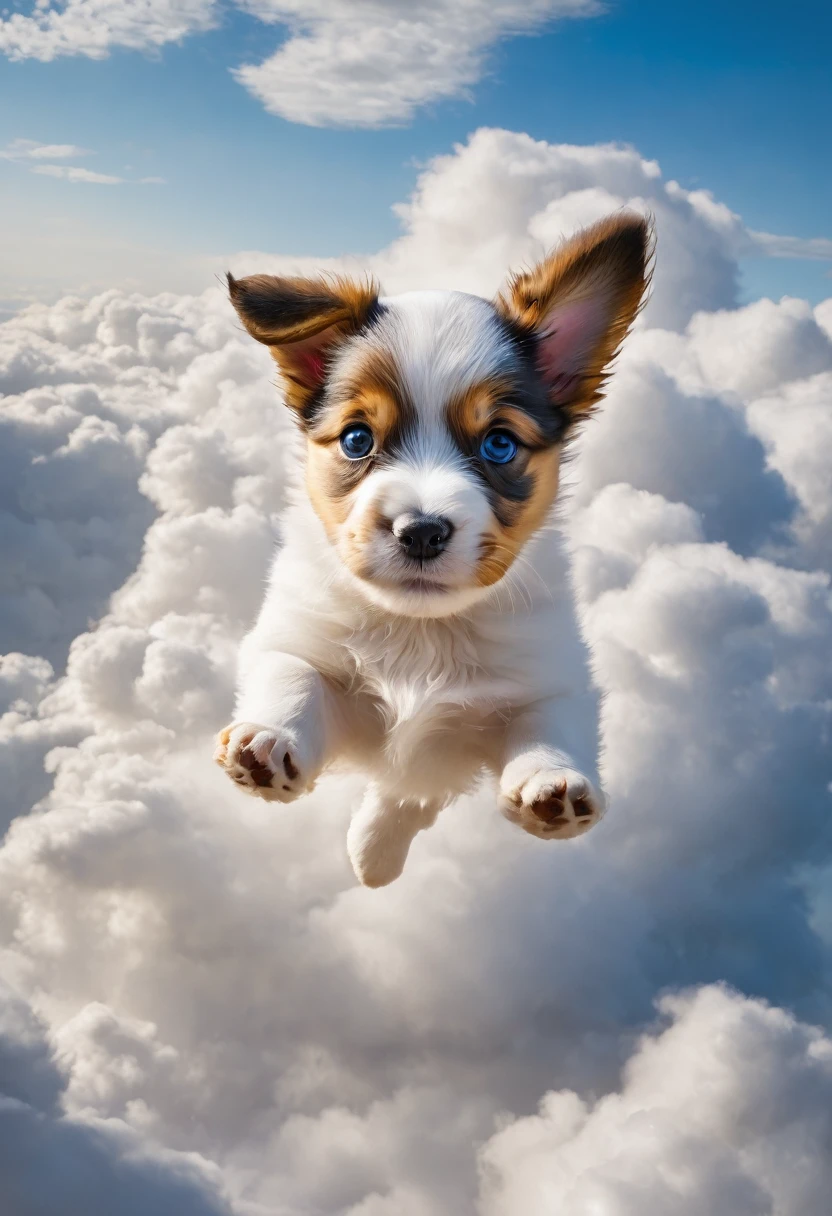 A puppy is jumping among the clouds