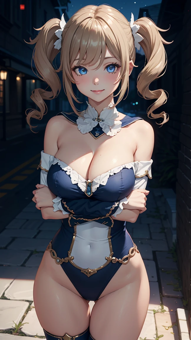 Masterpiece, ultra detail, high quality, 8k cg, huge breast, barbaradef, night, blush, smile, bright eyes, standing, (eyes shining:1.5), detailed upper body, crossed arms,