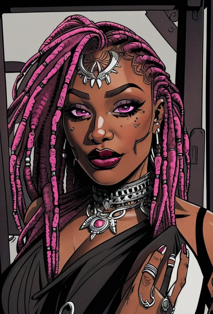 (masterpiece:1.2), (best quality), (ultra detailed), (8k, 4k, intricate),(full-body-shot:1), (highly detailed:1.2),(detailed face:1.2), (detailed background),there is a young woman with black and magenta dreadlocks and piercings posing for a picture, with curly magenta hair, big breasts, sexy black crop top with long sleeves and circle-shaped silver necklace, big breasts, thick eyelashes, black eyeliner