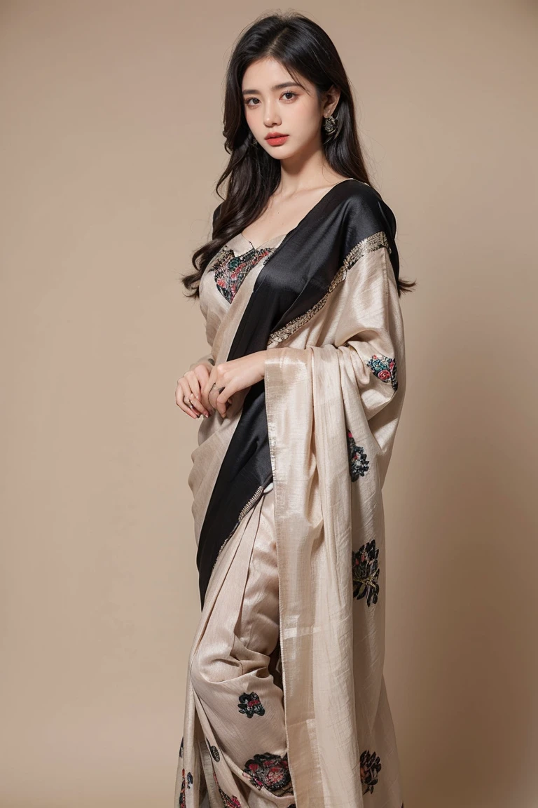 Mauve printed silk saree with beige and black Nakshi Kantha embroidery. Comes with matching unstitched blouse piece attached at the end of saree. Blouse shown in the photo is a styling suggestion, it is not a part of the actual product