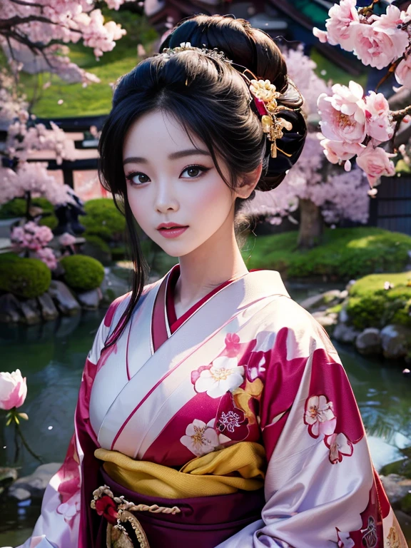 (Highest quality、 8k 、masterpiece、High resolution)、 Japanese painting、Vibrant colors、A woman wearing a kimono、Ample breasts、(Highly detailed face and eyes,Beautiful Face,Beautiful Eyes,Beautiful nose,Pretty lips)、Dynamic painting technique,、Colorful peonies、Japanese garden、cherry blossoms、Detailed Description、Detailed CG、