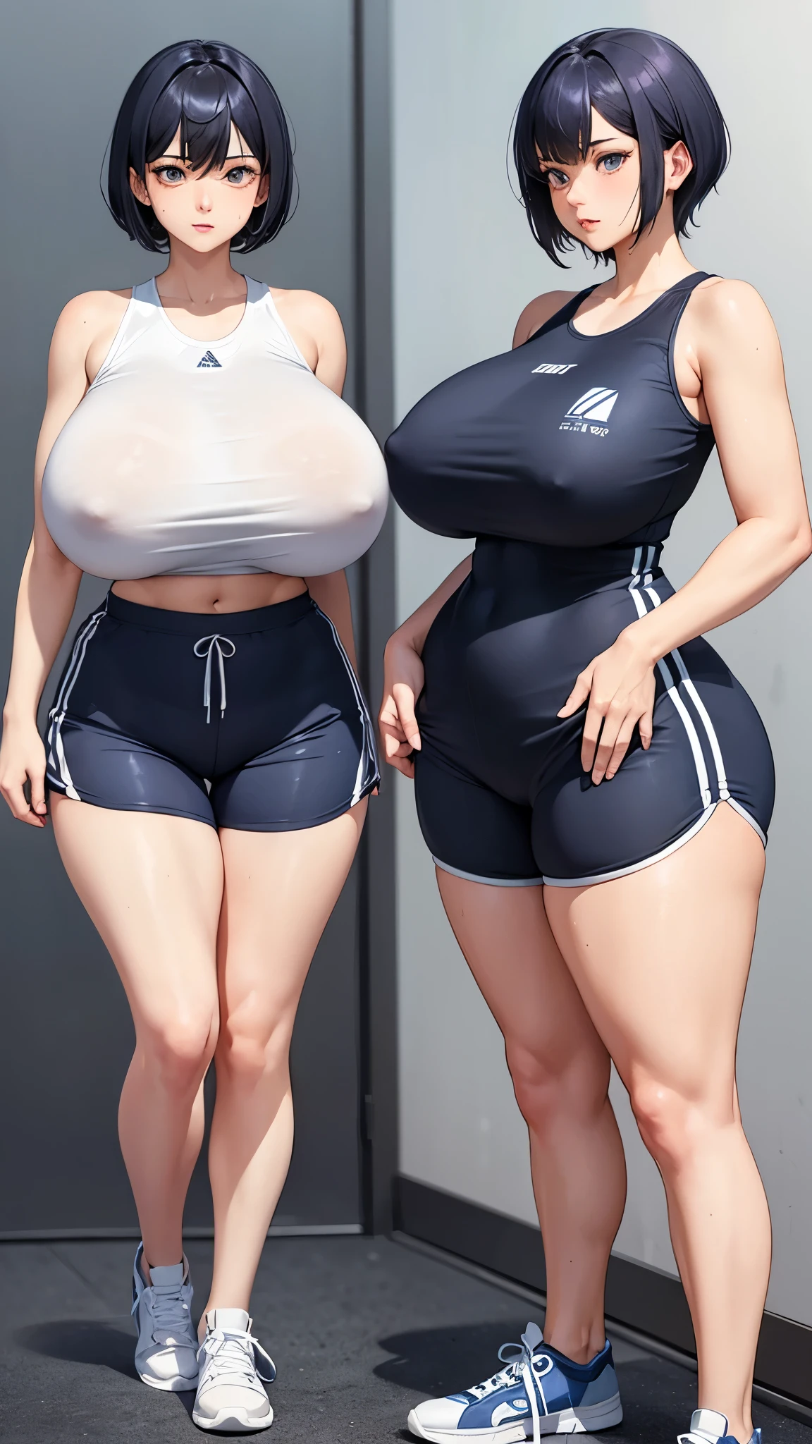 woman，short hair，Iris，Sports shorts，Long legs，Protruding nipples，20th Generation，Expose，Show your side、sneakers，Huge breasts，超级Huge breasts，Thick thighs、Big Hips、Are standing、Sweaty