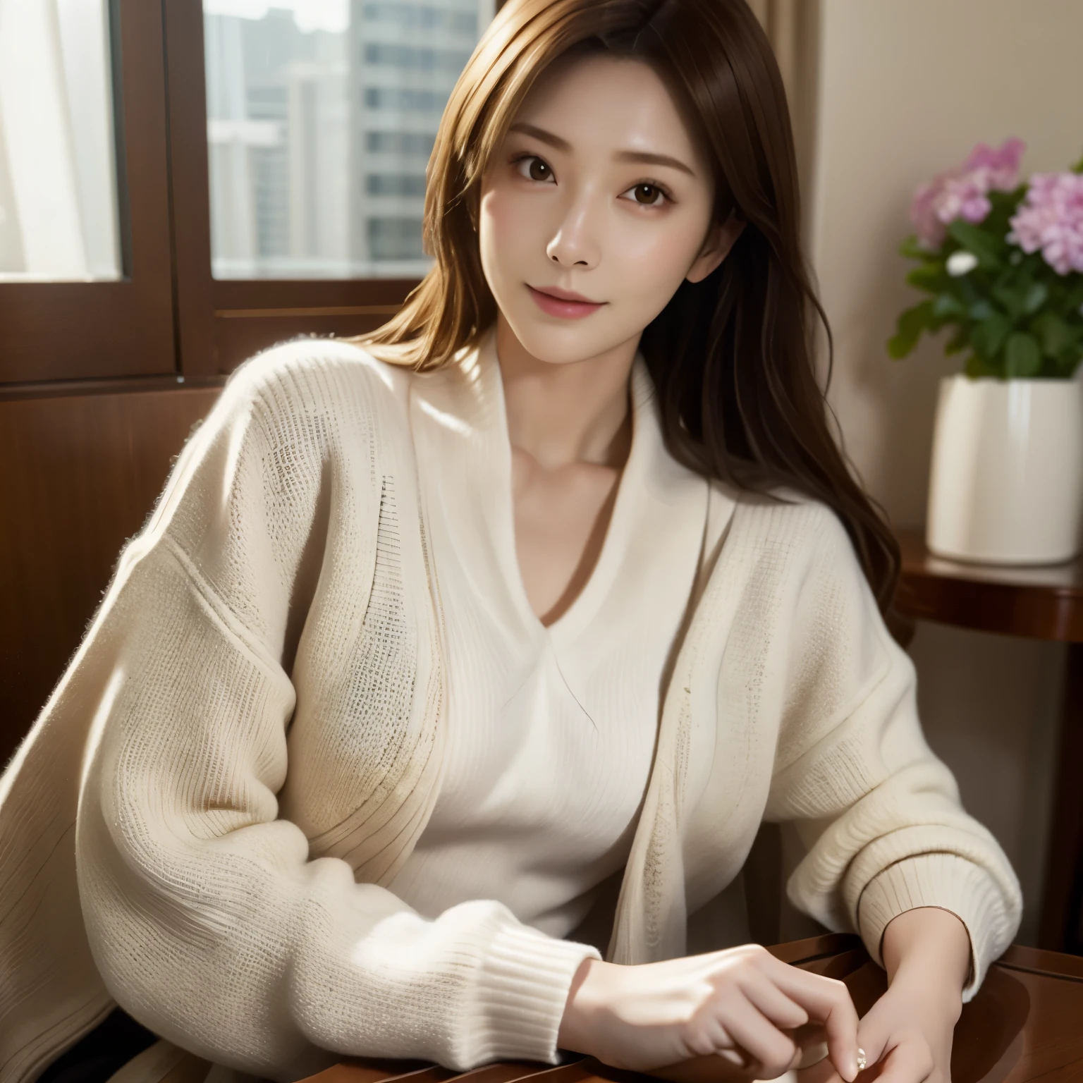 1girl in, (Wearing a white coat:1.2), (Raw photo, Best Quality), (Realistic, Photorealsitic:1.4), master piece, close up,Extremely delicate and beautiful, Extremely detailed, 2k wallpaper, amazing,((white sweater)) ,finely detail, the Extremely Detailed CG Unity 8K Wallpapers, Ultra-detailed, hight resolution, Soft light, Beautiful detailed girl, extremely detailed eye and face, beautiful detailed nose, Beautiful detailed eyes, Cinematic lighting, Perfect Anatomy, Slender body, ((soft smiling)), ((sitting at the table in hotel room)), wearing cardigan and white top,scarf ,