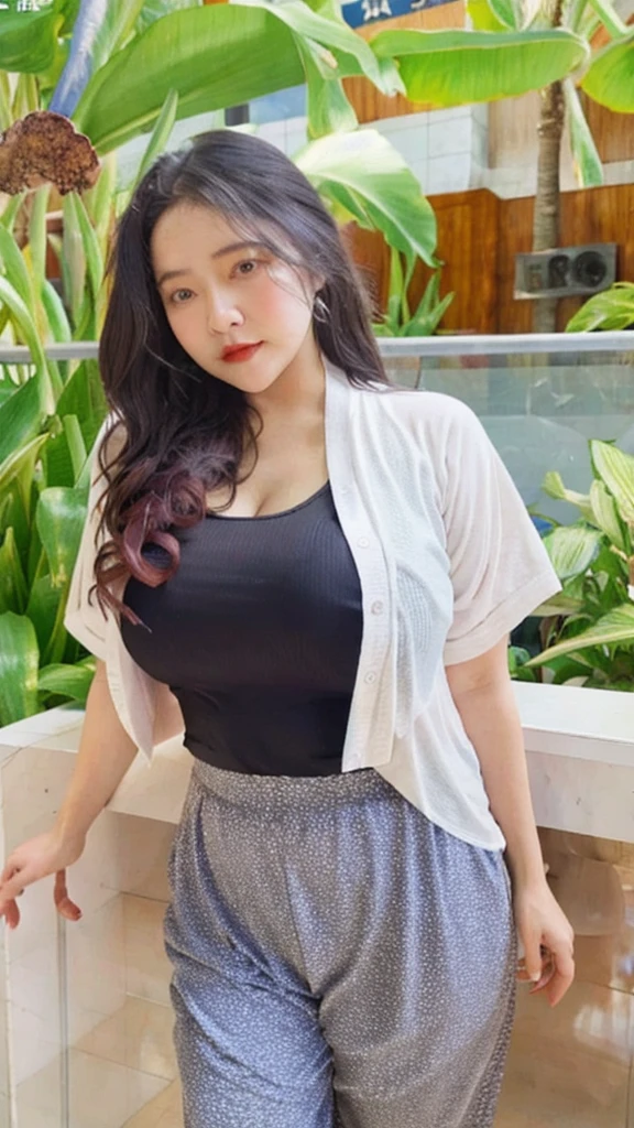 (masterpiece, best quality:1.2), 1girl, solo, long hair black, big breast, chubby body, cuvy body, full body wearing long t-sirt, long pants,