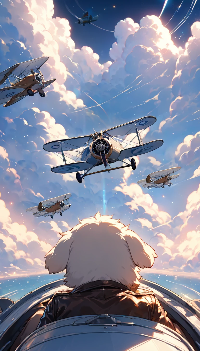 Highest quality, Highest quality, 16K, software, Unbelievably absurd, Very detailed, delicate and dynamic, Natural light, The particles reflect light beautifully, Diffuse reflection of light, Vortex of Light, Aerial, , cumulonimbus, , Create amazing image effects, Body close-up, biplane, (Cute Puppy,,,Serious,, Biplane pilot, Leather jacket,, Sit in the cockpit, Puppy pilots biplane)