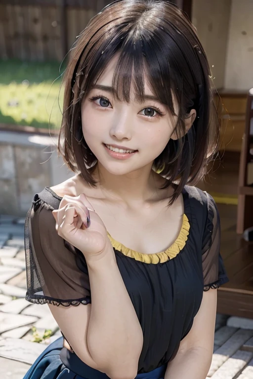 (8k, photorealistic, top quality, high definition, the best masterpiece, raw photo, bright lighting, face light, smooth professional lighting, japan girl, super cute, realistic skin, hydrated skin, perfect model body type, balance carefully, bright laugh showing teeth, childish face, 15 years old, small breasts, camera gaze, big eyes, symmetrical eyes), upper body Images, upper body close-up, front pose, (fashion (black blouse, cute yellow, blue skirt))