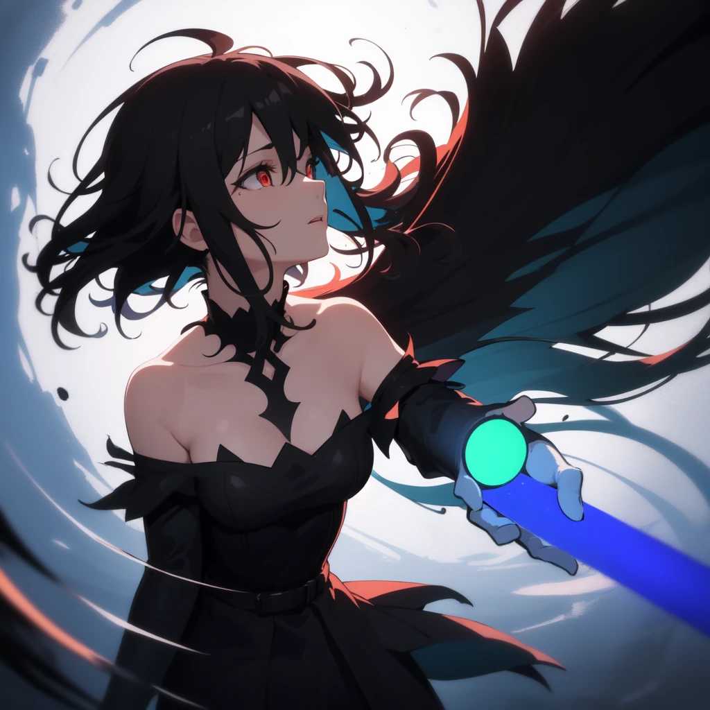 (masterpiece, Best quality, ultra detailed, best shadow), (detailed background, dark fantasy), (beautiful detailed face), high contrast, (Better lighting, very gentle and beautiful), ((cinematic light)), colorful, hyperdetailing, dramatic light, complex parts, (1 girl, Sharp face, hair between eyes, vampire, with black hair, with red eyes, black dress, bare shoulders, bright eyes, Dynamic angle), (swirling black light around the character:1.5), depth of field, Black light particles, (side view), (dark water), (поза Jack-O)