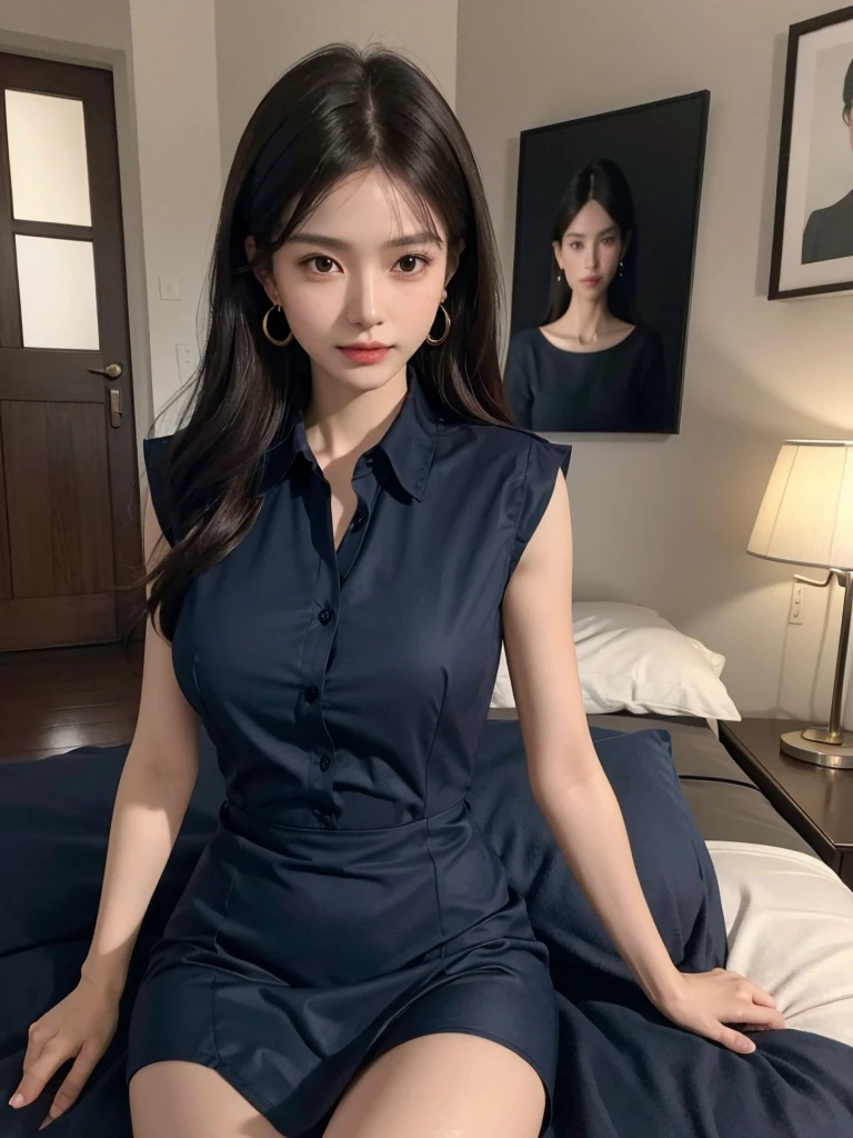 absurdres, RAW photo, extremely delicate and beautiful, masterpiece, Best Quality, ultra high resolution, 32k, hyperrealistic, ultra-detailed, perfect ???????, perfect figure, super Detailed skin, Very detailed CG 8k wallpaper, in her 30s, very Slim body, narrow waist, very small head, very small face, delicate facial features, tearful mole, earring, thin legs, (very huge round breasts:1.2), full body shot, whole legs, medium hair, dark blonde hair, asymmetrical hair, indoor, (collared navy shirt dress:1.2), sleeveless,