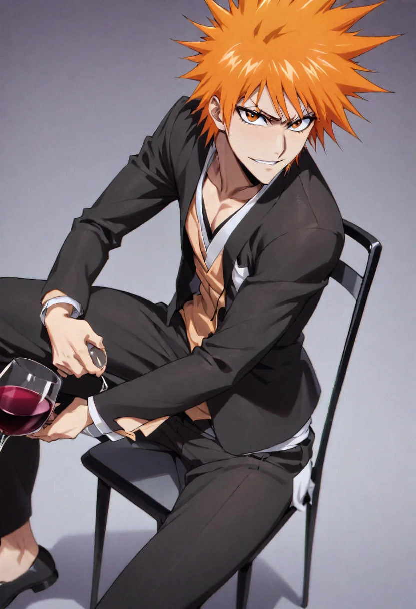 Kurosaki İchigo (Bleach),  hair orange, spiky hair, skin fair, Suit, sitting down on chair, glass of wine