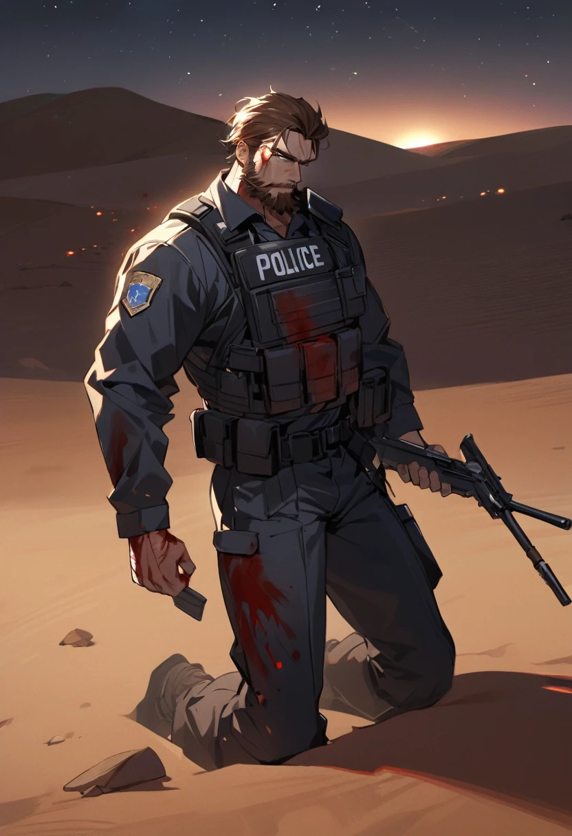 Male black police suit, solo, brown hair, black eyes, beard, desert, night, kneeling on, blood on body, wounds, muscular