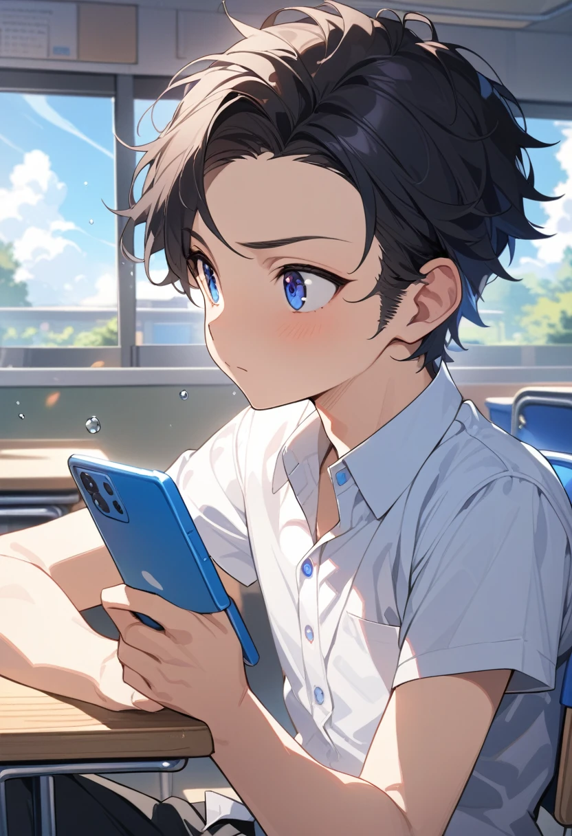 masterpiece, best quality, extremely detailed, ultra detailed, flat anime, 2D, ((1boy)),black hair, (short hair:1.5),blue eyes, height 1.7meters, (circle eyes:1.2), (young adult:1.2), Ear-length sideburns,height 1.7meters, bangs,(tareme), dircle face, kinky hair, (young adult:1.2), High School Uniforms, white shirt, blue tie, ((short sleeves)), ((long pants)), sitting, closed mouth, thinking, upper body, summer, classroom, 11AM,looking at his smart phone., Operating a smart phone,