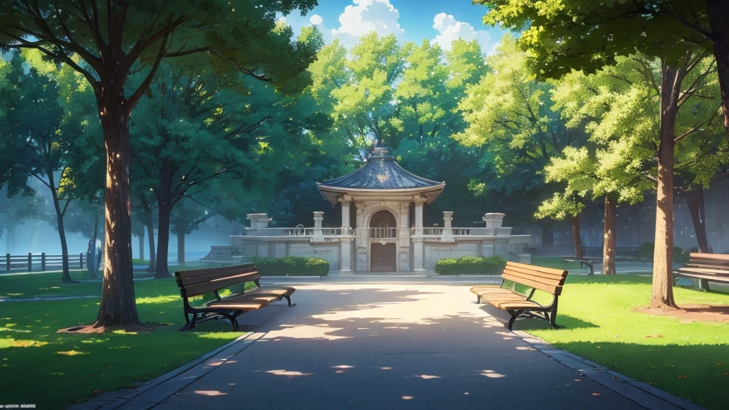 masterpiece, Best quality, (2d anime background), (Visual novel), (Best quality), (best illustration), (best shadow), realistic lighting, (abyss), beautiful detailed glow, Park, Benches, daytime lighting