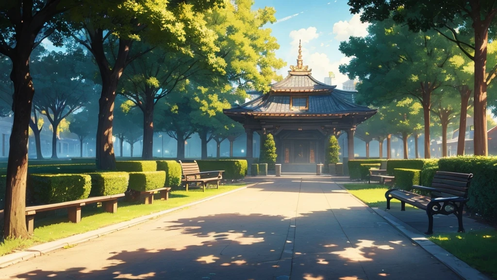 masterpiece, Best quality, (2d anime background), (Visual novel), (Best quality), (best illustration), (best shadow), realistic lighting, (abyss), beautiful detailed glow, Park, Benches, daytime lighting