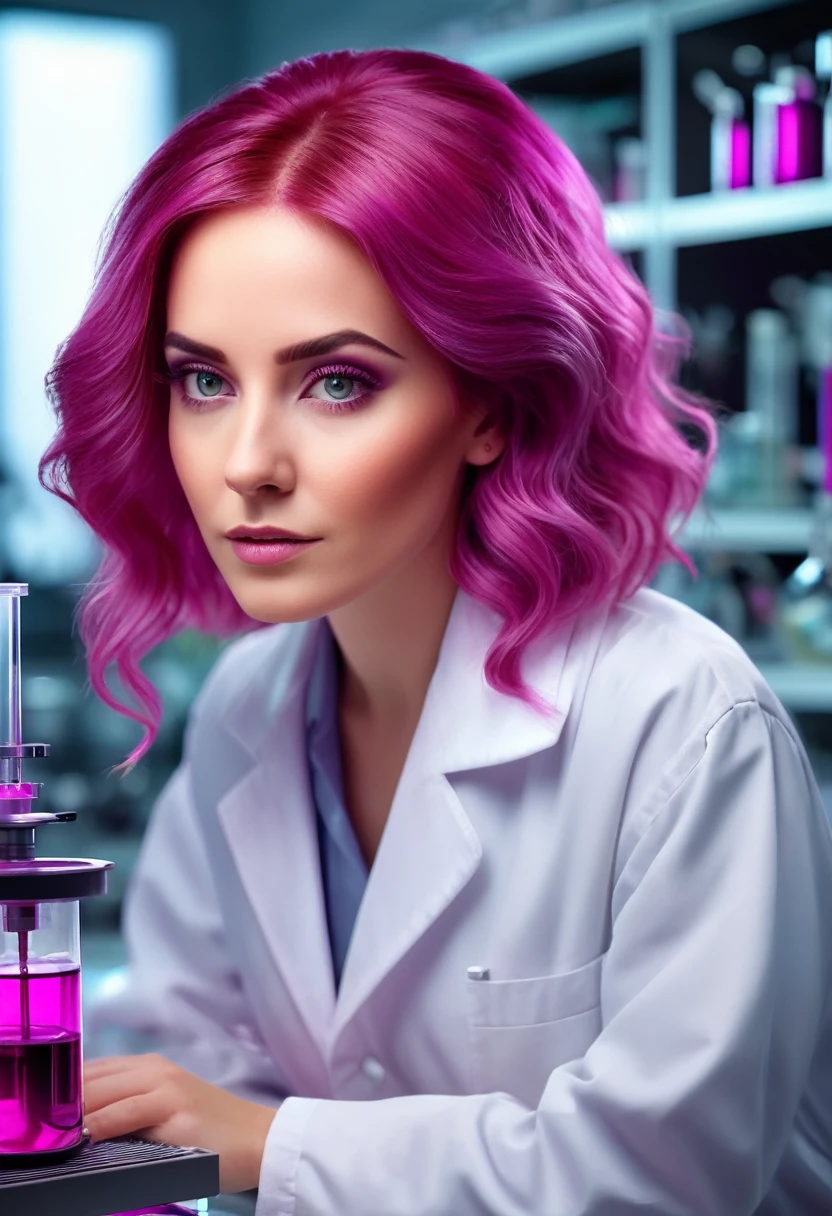 masterpiece, high quality image, 8k, realistic image, In the laboratory, there is a beautiful scientish with medium magenta gradient hair, doing experiments 
