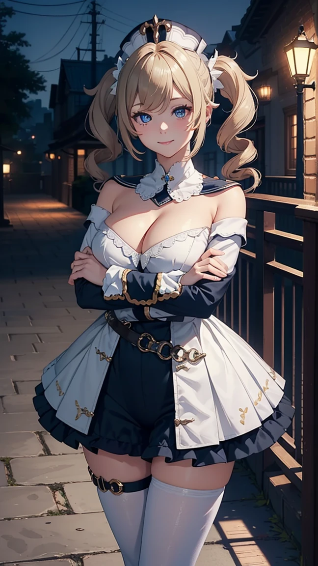 Masterpiece, ultra detail, high quality, 8k cg, huge breast, barbaradef, night, blush, smile, bright eyes, standing, (eyes shining:1.5), detailed upper body, crossed arms,