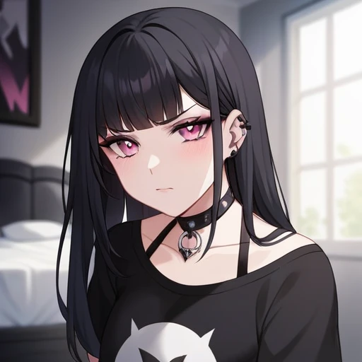 Adult, Female, long Black hair, goth girl, pink eyes gothic aesthetic, goth clothing, goth make up, thick thighs, medium chest, annoyed, disgruntled, bedroom, gothic bedroom, aesthetic bedroom, Masterpiece, Accurate, Anatomically Correct, Best Quality, High Details, Detail, Super Detailed, Best detail, Perfect detail, Amazing detail, [-3, 3], Close-Up, Looking at viewer, up close, headshot