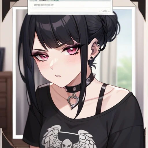 Adult, Female, long Black hair, goth girl, pink eyes gothic aesthetic, goth clothing, goth make up, thick thighs, medium chest, annoyed, disgruntled, bedroom, gothic bedroom, aesthetic bedroom, Masterpiece, Accurate, Anatomically Correct, Best Quality, High Details, Detail, Super Detailed, Best detail, Perfect detail, Amazing detail, [-3, 3], Close-Up, Looking at viewer, up close, headshot