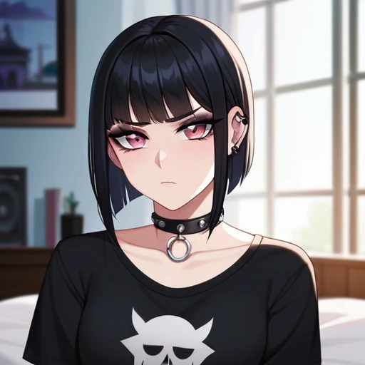 Adult, Female, Black hair, pink eyes, goth girl, gothic, goth clothing, goth make up, thick thighs, medium chest, annoyed, disgruntled, sitting in gaming chair, gt racing chair, black and white chair, bedroom, gothic bedroom, aesthetic bedroom, Masterpiece, Accurate, Anatomically Correct, Best Quality, High Details, Detail, Super Detailed, Best detail, Perfect detail, Amazing detail, [-3, 3], perfect hands, best hands, best fingers, perfect fingers, perfect body, best body, amazing body, Looking at viewer, front facing, upper body shot,