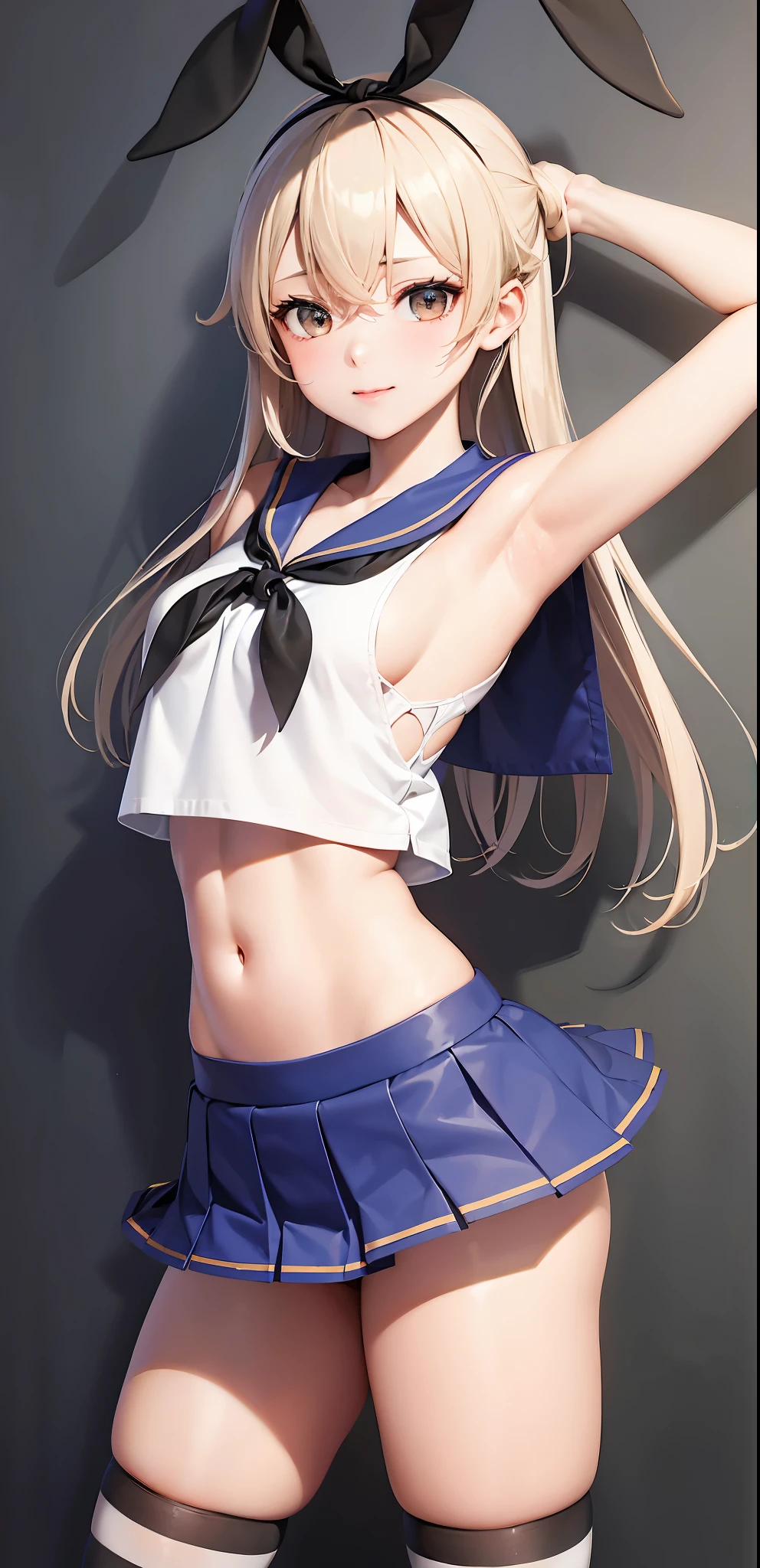 (masterpiece, best quality:1.2),illustration,8k,hd,1girl,solo,upper body,(portrait:1.2),long_hair,blonde_hair,elbow_gloves,underwear,striped_thighhighs,white_gloves,smile,navel,yellow eyes,highleg_panties,black_panties,anchor_hair_ornament,highleg,blush,school_uniform,crop_top,sailor_collar,hairband,hair_ornament,serafuku,miniskirt,pleated_skirt,blue_skirt,sleeveless,bare_shoulders,hair_between_eyes,grey_footwear,microskirt,midriff,neckerchief,collarbone,smug, small waist, slim waist, fit body, fit legs, toned legs, toned arms, fit arms, fit midriff, toned midriff, large breasts, huge breasts, giant breasts, muscular midrif, muscular arms, black panties, sixpack, cleavage