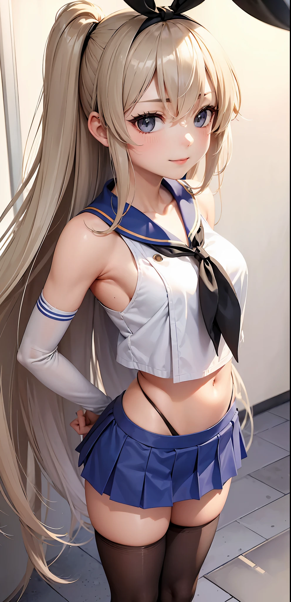 (masterpiece, best quality:1.2),illustration,8k,hd,1girl,solo,upper body,(portrait:1.2),long_hair,blonde_hair,elbow_gloves,underwear,striped_thighhighs,white_gloves,smile,navel,yellow eyes,highleg_panties,black_panties,anchor_hair_ornament,highleg,blush,school_uniform,crop_top,sailor_collar,hairband,hair_ornament,serafuku,miniskirt,pleated_skirt,blue_skirt,sleeveless,bare_shoulders,hair_between_eyes,grey_footwear,microskirt,midriff,neckerchief,collarbone,smug, small waist, slim waist, fit body, fit legs, toned legs, toned arms, fit arms, fit midriff, toned midriff, large breasts, huge breasts, giant breasts, muscular midrif, muscular arms, black panties, sixpack, cleavage, huge breasts, huge chest